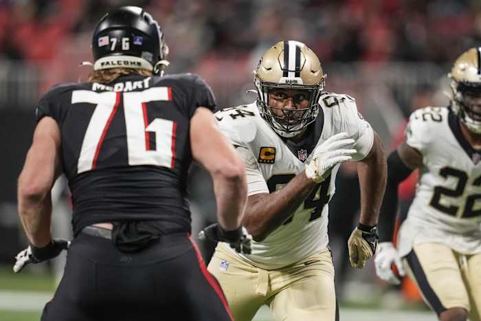 New Orleans Saints defensive end Cameron Jordan (94) rushes the passer against Atlanta Falcons offensive tackle Kaleb McGary (76). Mandatory Credit: Dale Zanine-USA TODAY
